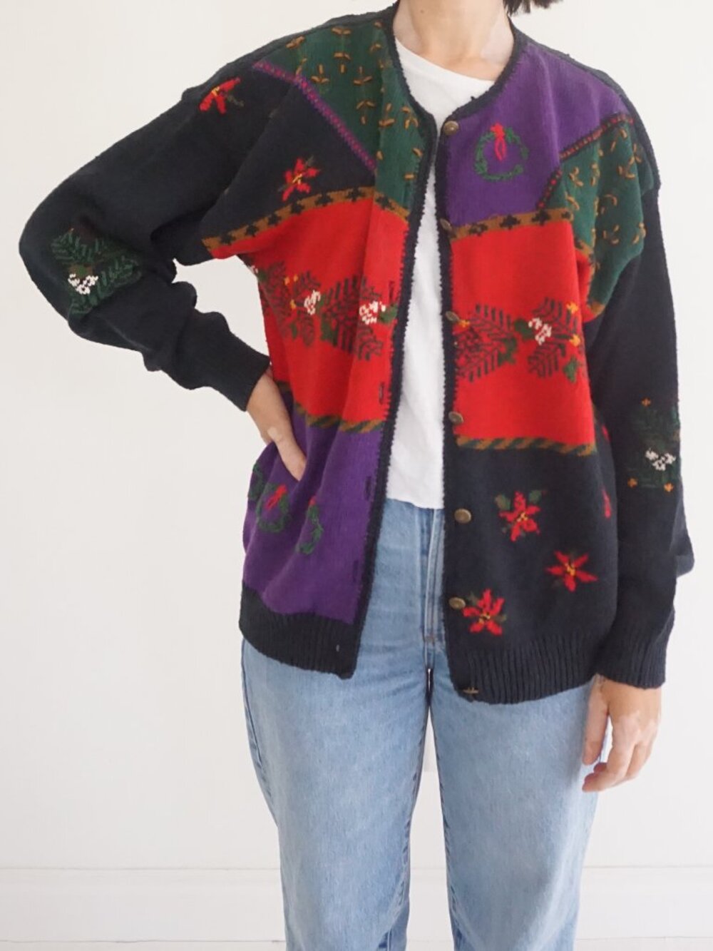 Vintage Woolrich Black Red Green Christmas Wreath Fair Isle Knit Cardigan L